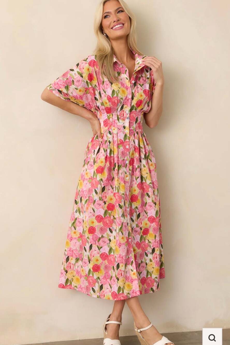 NEW SHE+SKY Pink and Yellow Floral Print Button-Down Midi Shirt Dress Garden L